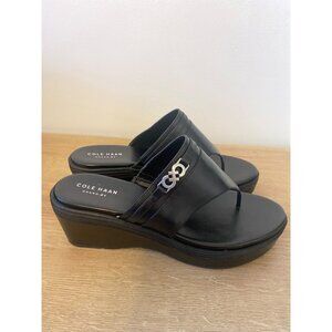 Cole Haan Women's Black Leather Platform Wedge Sandals Size 8 With Metal Accent